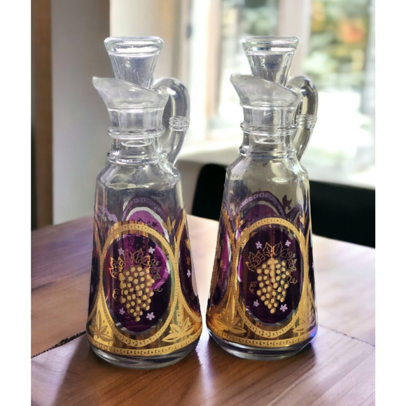Vintage Lot of 2 Cranberry & Gold Oil & Vinegar Cruets - Picture 1 of 7